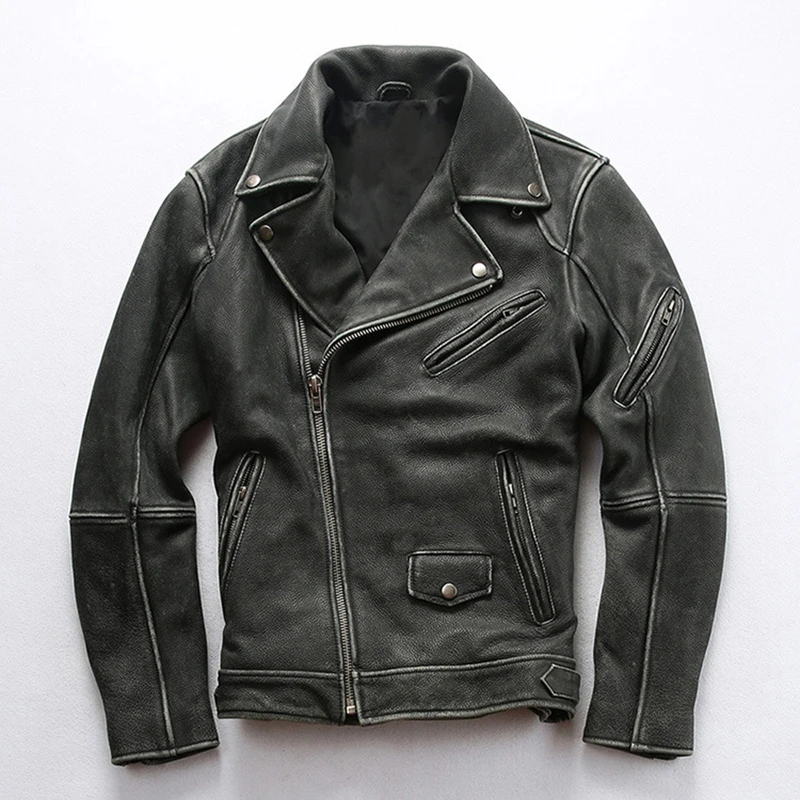 Men's Genuine Leather Jacket Top Layer Cowhide Distressed Oblique Zipper Thicken Motorcycle Genuine Leather Coat 
Men's Genuine Leather Jacket Top Layer Cowhide Distressed Oblique Zipper Thicken Motorcycle Genuine Leather Coat