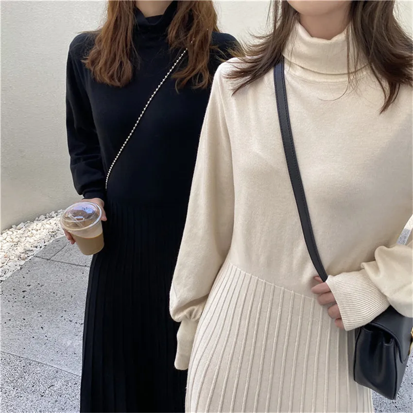 Autumn Winter Turtleneck Lantern Sleeve Loose Sweater Dress Women Elegant Midi-calf Knitted Dress Fashion Casual Pleated Dresses
Autumn Winter Turtleneck Lantern Sleeve Loose Sweater Dress Women Elegant Midi-calf Knitted Dress Fashion Casual Pleated Dresses