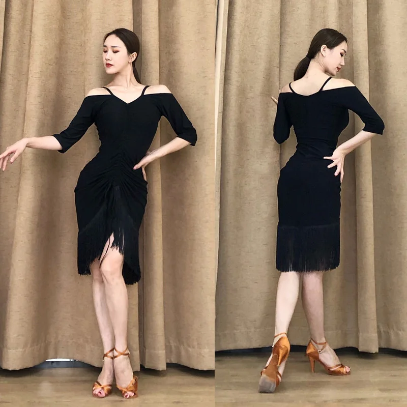 Latin Dance Dress Female Adult Black Drawstring Tassel Bag Hip Dresses Rumba Tango Salsa Samba Cha Cha Practice Clothing DN4070 
Latin Dance Dress Female Adult Black Drawstring Tassel Bag Hip Dresses Rumba Tango Salsa Samba Cha Cha Practice Clothing DN4070