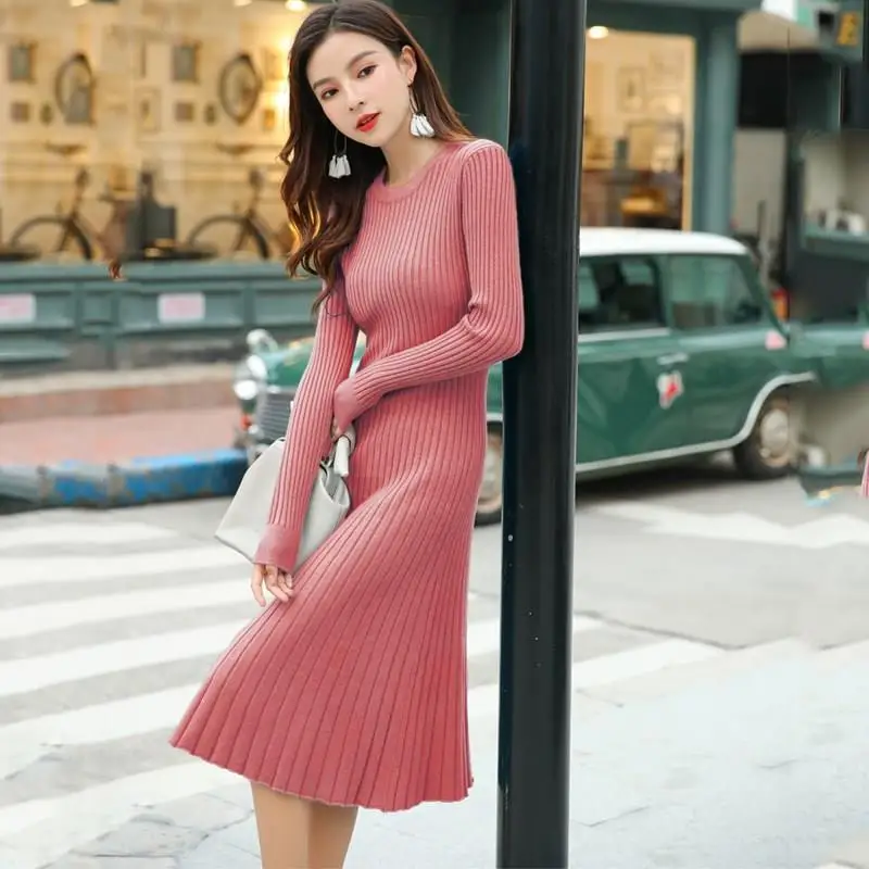 Women Korean Long Sleeve Sweater Dress Fashion Pleated Midi Knit Dresses Solid Plus Size Bodycon | Женская одежда
