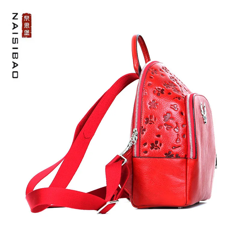 

NAISIBAO 2021 New Women's backpack Real Cowhide Leather Backpack Quality Embossed bag Luxury Designer Women Backpack