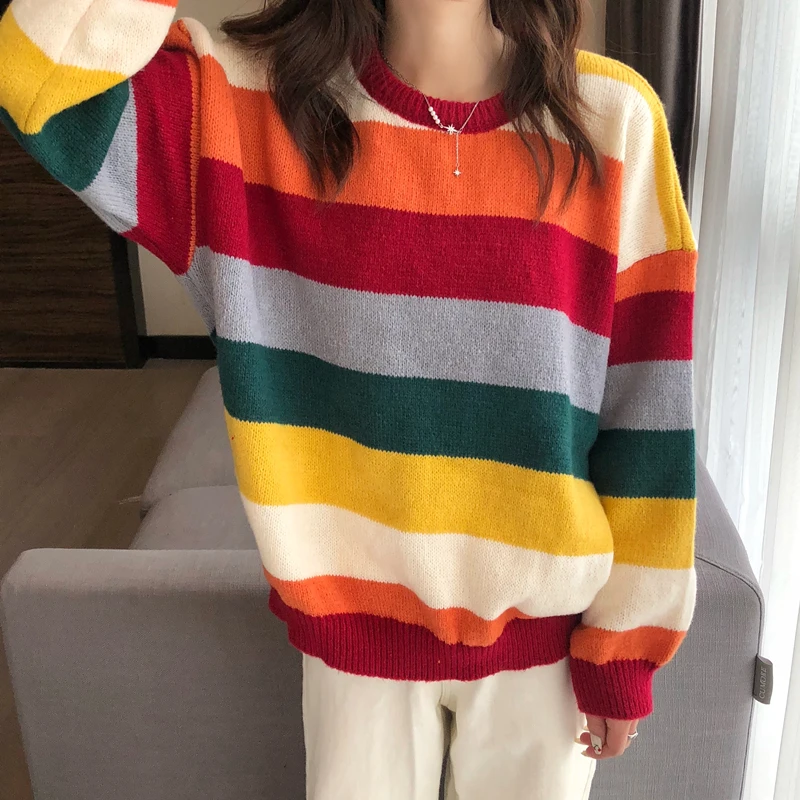 Fall Winter Rainbpw-Color Striped Sweater Women Vintage Crew Neck Knit Pullovers Female Loose Aesthetic Outwear Tops Mujer 2021
Fall Winter Rainbpw-Color Striped Sweater Women Vintage Crew Neck Knit Pullovers Female Loose Aesthetic Outwear Tops Mujer 2021