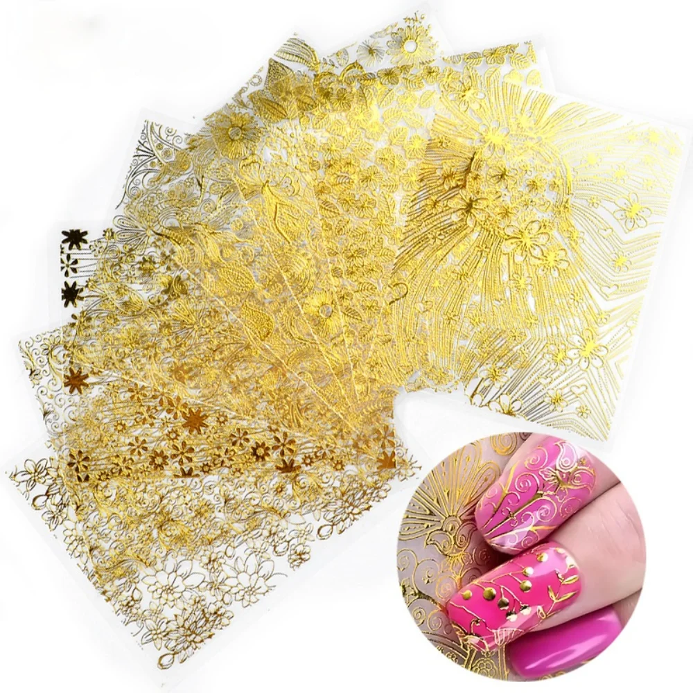 8 шт./компл. из золотистого металла стикеры 3D на ногти Nail Art Наклейки Золото клей