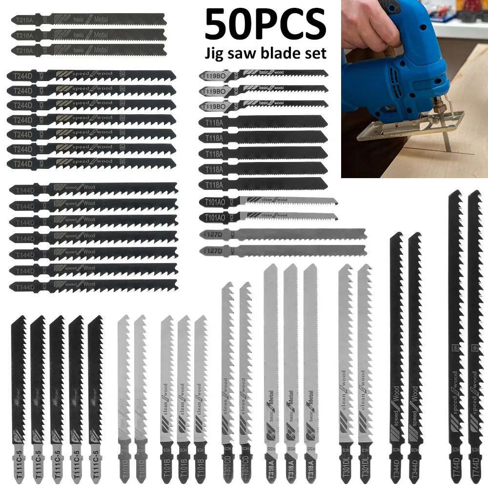 50pcs Universal T-shank Jig Saw Blades Set Fast Cut Down HCS High Carbon Steel Assorted Blades Wood Plastic Metal Cutting Tools
50pcs Universal T-shank Jig Saw Blades Set Fast Cut Down HCS High Carbon Steel Assorted Blades Wood Plastic Metal Cutting Tools