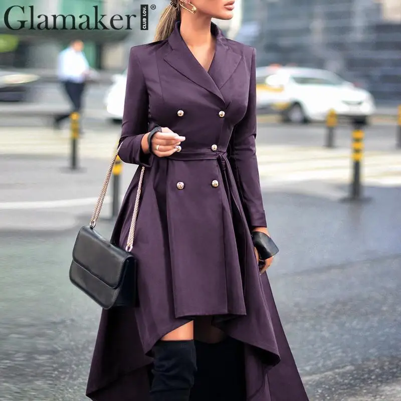Glamaker Blue office double breasted fashion women coat Long sleeve bandage elegant spring Sexy party trench plus size | Женская одежда