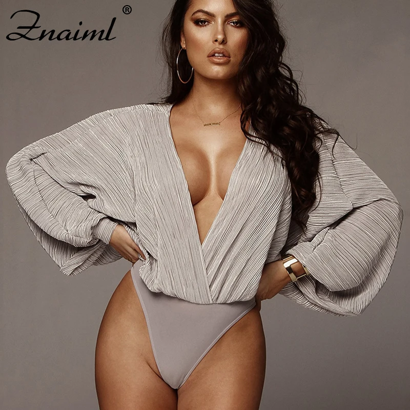 

Znaiml Elegant Women Sexy Deep V Neck Bodysuit Solid Folds Pleated Patwork Long Bat Sleeve Rompers Party Club Jumpsuits Overall