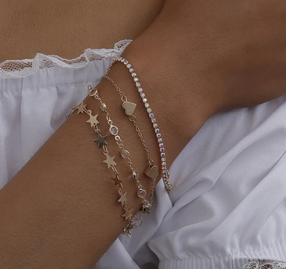 4 Pcs/set Multilayer Bangles Gold Silver Color Crystal Charm Heart Stars Chain Bracelets for Women Foot Chain Couple Jewelry
4 Pcs/set Multilayer Bangles Gold Silver Color Crystal Charm Heart Stars Chain Bracelets for Women Foot Chain Couple Jewelry