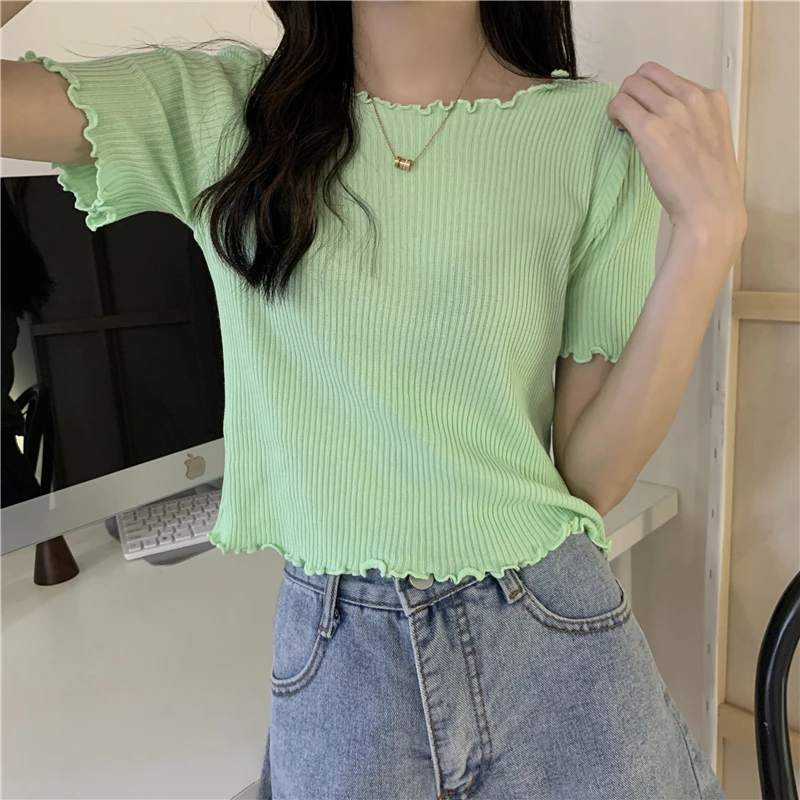 Women's short-sleeved t-shirts 2021 new slim short slim-fitting knit sweater blouse women
Women's short-sleeved t-shirts 2021 new slim short slim-fitting knit sweater blouse women