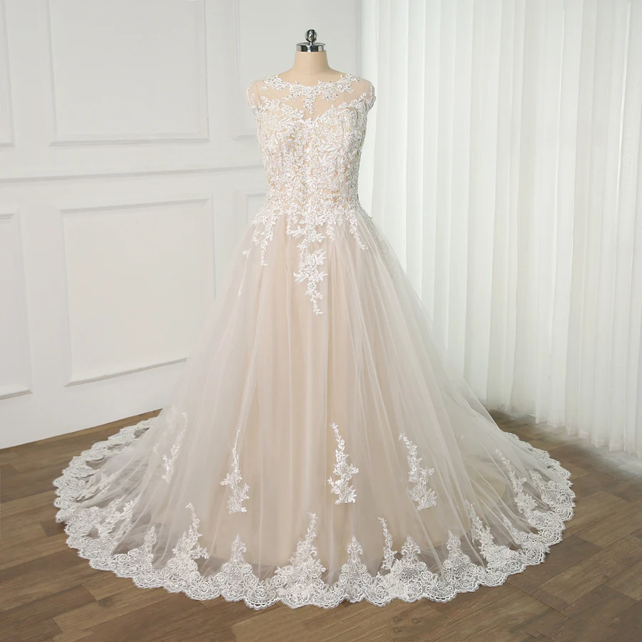 Champagne Plus Size Wedding Dresses with Ivory Lace Applique Cap Sleeve Sweep Train Bridal Gown Vestido De Novia
Champagne Plus Size Wedding Dresses with Ivory Lace Applique Cap Sleeve Sweep Train Bridal Gown Vestido De Novia