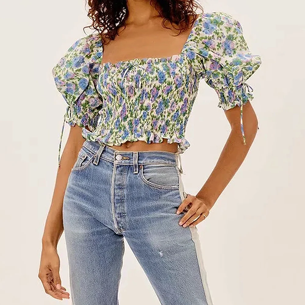 2021 summer Women Print floral shirt Mujer puff sleeve jumper elastic Blusas bandage crop Short top small fresh sweet Pullovers
2021 summer Women Print floral shirt Mujer puff sleeve jumper elastic Blusas bandage crop Short top small fresh sweet Pullovers