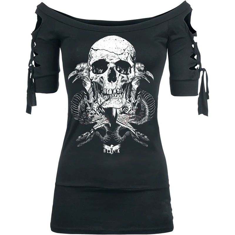 S-5XL Plus Size Black Skull Halloween Gothic Lace Up Criss Cross Blackless T-shirt Women Print Tees Off Shoulder Tops T-shirts
S-5XL Plus Size Black Skull Halloween Gothic Lace Up Criss Cross Blackless T-shirt Women Print Tees Off Shoulder Tops T-shirts