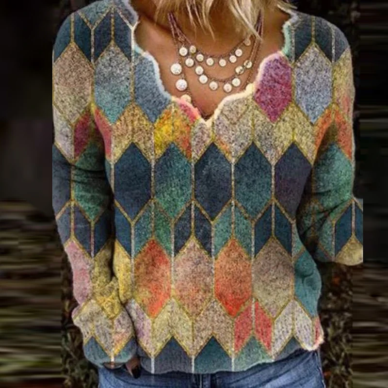 Women Autumn Winter Vintage Geometric Print Sweaters Elegant V-Neck Knit Tops Female Fashion Casual Long Sleeve Pullover Jumper
Women Autumn Winter Vintage Geometric Print Sweaters Elegant V-Neck Knit Tops Female Fashion Casual Long Sleeve Pullover Jumper