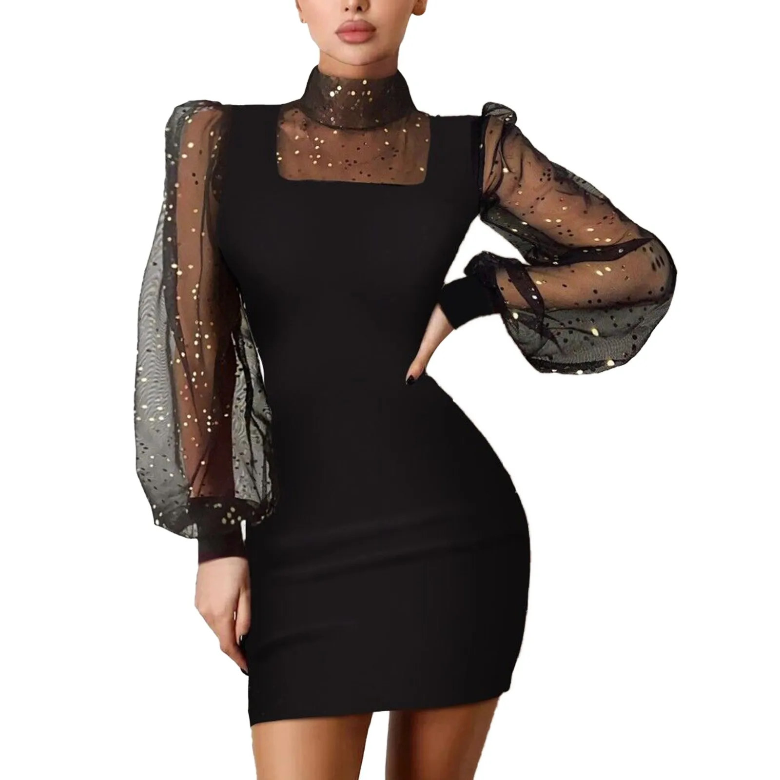 Women's Fashion Dresses Glitter Split Soft Dress Contrast Mesh Dress Deep O Neck Long Sleeve Party Dress Sexy Evening Dress
Women's Fashion Dresses Glitter Split Soft Dress Contrast Mesh Dress Deep O Neck Long Sleeve Party Dress Sexy Evening Dress
