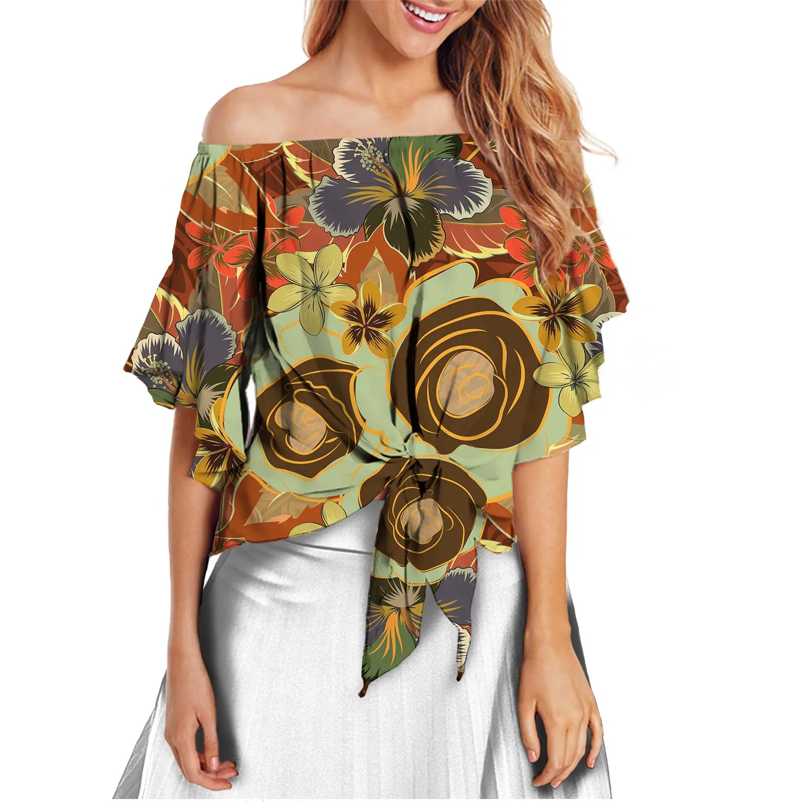 

HYCOOL Tropical Hibiscus Print Casual Women Shirt Bow Flare Sleeve Latest Top Designs Custom Sexy Slash Neck Summer Women Blouse