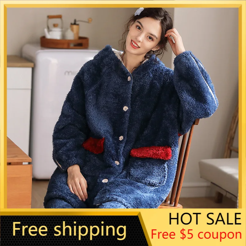 Women Pajamas Sets Ladies Plush Padded Warm Hooded Korean Coral Fleece Increased Loose Pajamas Girls Cute Blue Home Clothes
Women Pajamas Sets Ladies Plush Padded Warm Hooded Korean Coral Fleece Increased Loose Pajamas Girls Cute Blue Home Clothes