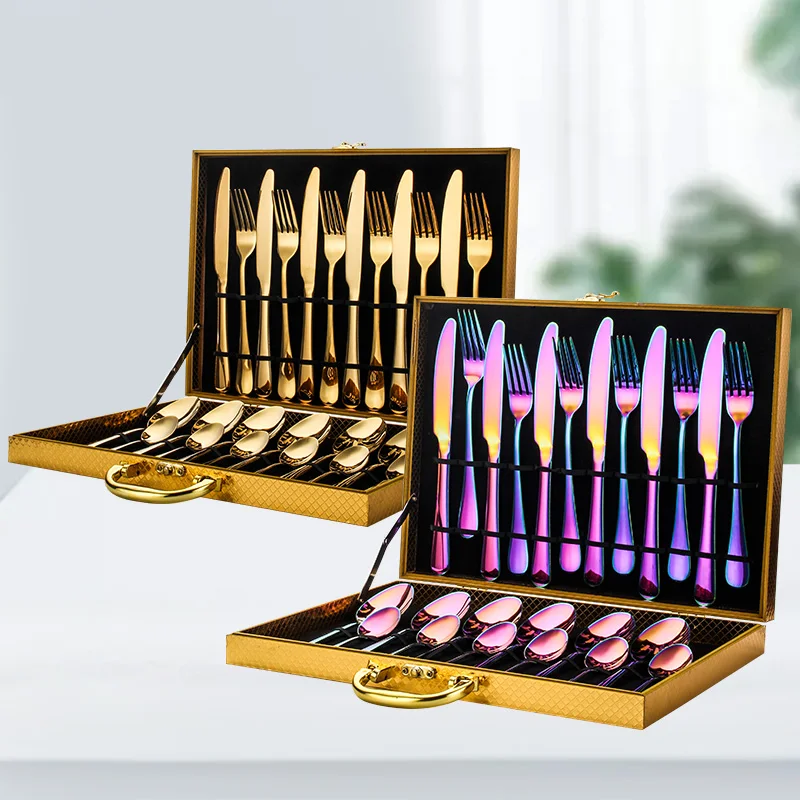 Stainless steel cutlery 24-piece set gift golden wooden box set titanium-plated western tableware
Stainless steel cutlery 24-piece set gift golden wooden box set titanium-plated western tableware