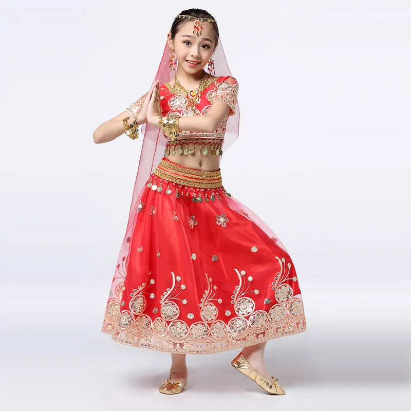 New Children Belly Dance Clothes Indian Sari Outfits Hand-embroidered Bollywood Costume 5pcs Set (Top+Belt+Skirt+Veil+Headpiece)
New Children Belly Dance Clothes Indian Sari Outfits Hand-embroidered Bollywood Costume 5pcs Set (Top+Belt+Skirt+Veil+Headpiece)