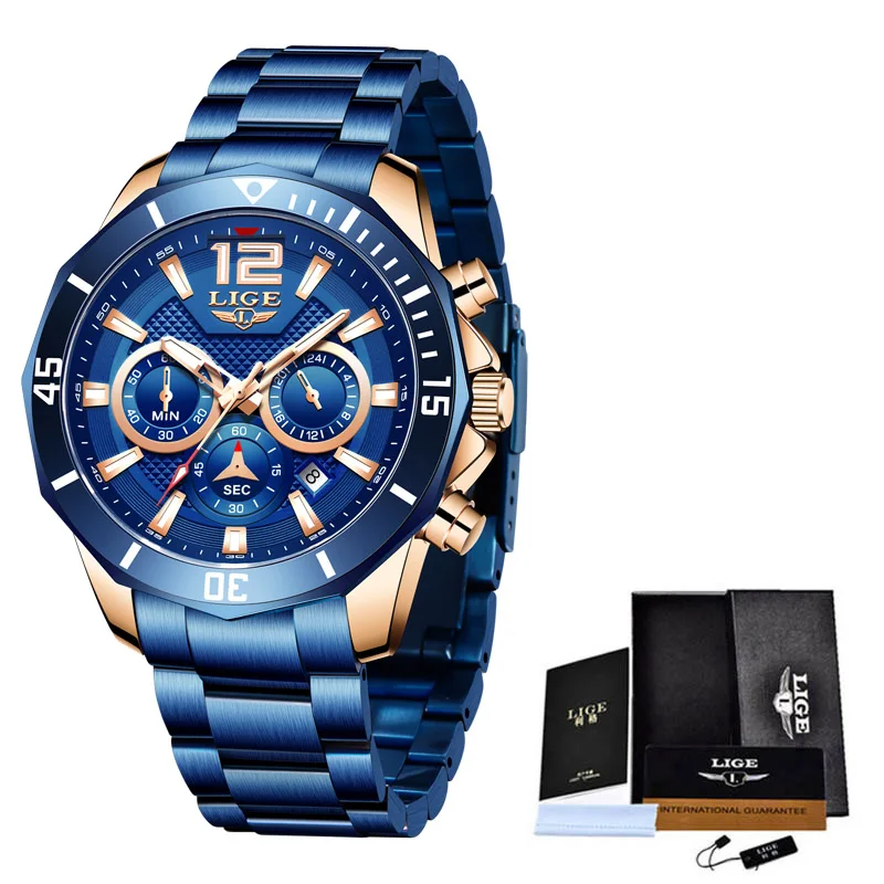 

LIGE 2021 Fashion Blue Mens Watches Top Brand Luxury Clock Sport Chronograph 50M Waterproof Quartz Watch Men Relogio Masculino