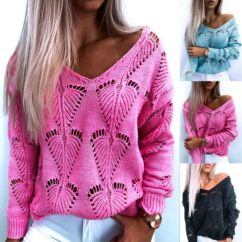 Women's Fashion V-Neck Solid Color Hollow Simple Casual Long Sleeve Sweater Top 
Women's Fashion V-Neck Solid Color Hollow Simple Casual Long Sleeve Sweater Top