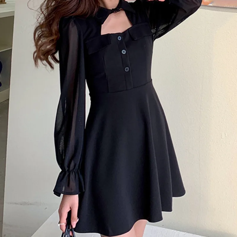 Fashion Sexy Hollow Out Black Dress See-through Mesh Long Sleeve Hepburn Mini Dress women 2021 New Spring Korean Robe femme
Fashion Sexy Hollow Out Black Dress See-through Mesh Long Sleeve Hepburn Mini Dress women 2021 New Spring Korean Robe femme
