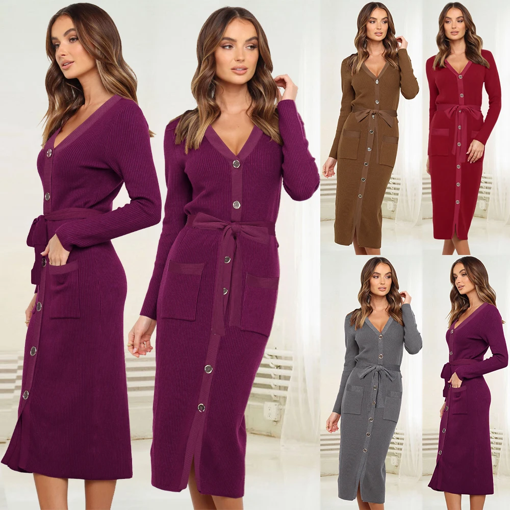 Women Autumn Knitted Long Dress V Neck Lace-up Long Sleeve Bodycon Slim Wrapped Midi Dress Ladies Button Down Fashion Clothes
Women Autumn Knitted Long Dress V Neck Lace-up Long Sleeve Bodycon Slim Wrapped Midi Dress Ladies Button Down Fashion Clothes