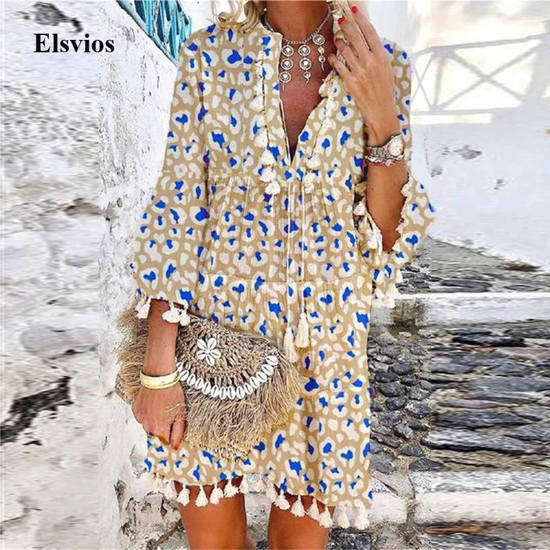 2021 Summer V Neck Tassel Beach Dress Spring Vintage Floral Print 3/4 Sleeve Party Dress Women Casual Loose A-Line Dress Vestido
2021 Summer V Neck Tassel Beach Dress Spring Vintage Floral Print 3/4 Sleeve Party Dress Women Casual Loose A-Line Dress Vestido