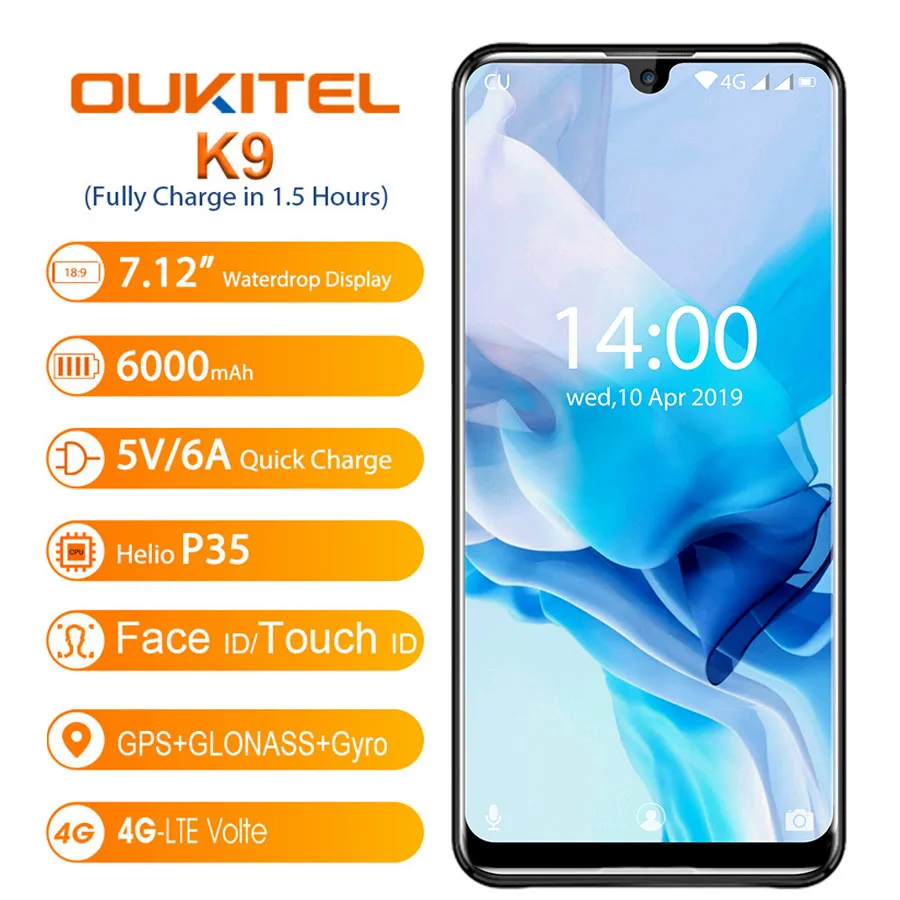 Смартфон OUKITEL K9 Waterdrop с быстрой зарядкой мобильный телефон FHD+ 7 12 дюйма 1080*2244 16 Мп+2