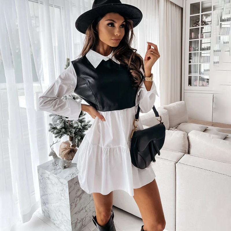 Casual Long Sleeve Mini Shirt woman Dress White 2021 Spring PU Leather Patchwork Plaid Dresses for women Clothing Femme Robe
Casual Long Sleeve Mini Shirt woman Dress White 2021 Spring PU Leather Patchwork Plaid Dresses for women Clothing Femme Robe