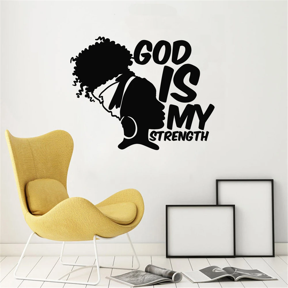 Наклейка на стену в стиле Африканской девушки с надписью «God Is My Strength»
Наклейка на стену в стиле Африканской девушки с надписью «God Is My Strength»
