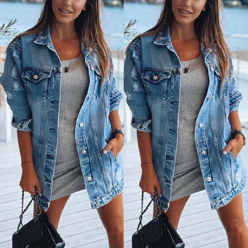 Denim Jacket Autumn Solid Color Pocket Stitching Cardigan Coat Women's Vintage Single-Breasted Hole Turn-down Collar Baggy Coat
Denim Jacket Autumn Solid Color Pocket Stitching Cardigan Coat Women's Vintage Single-Breasted Hole Turn-down Collar Baggy Coat