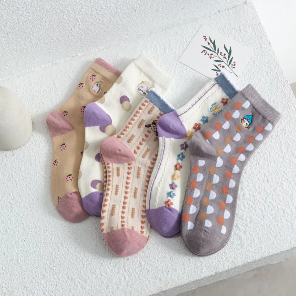 Korean Style Women Socks Cotton Breathable Spring Cute Girl Butterfly Embroidery Dot Kawaii Pattern Pink Purple Socks 5 Pair Set
Korean Style Women Socks Cotton Breathable Spring Cute Girl Butterfly Embroidery Dot Kawaii Pattern Pink Purple Socks 5 Pair Set