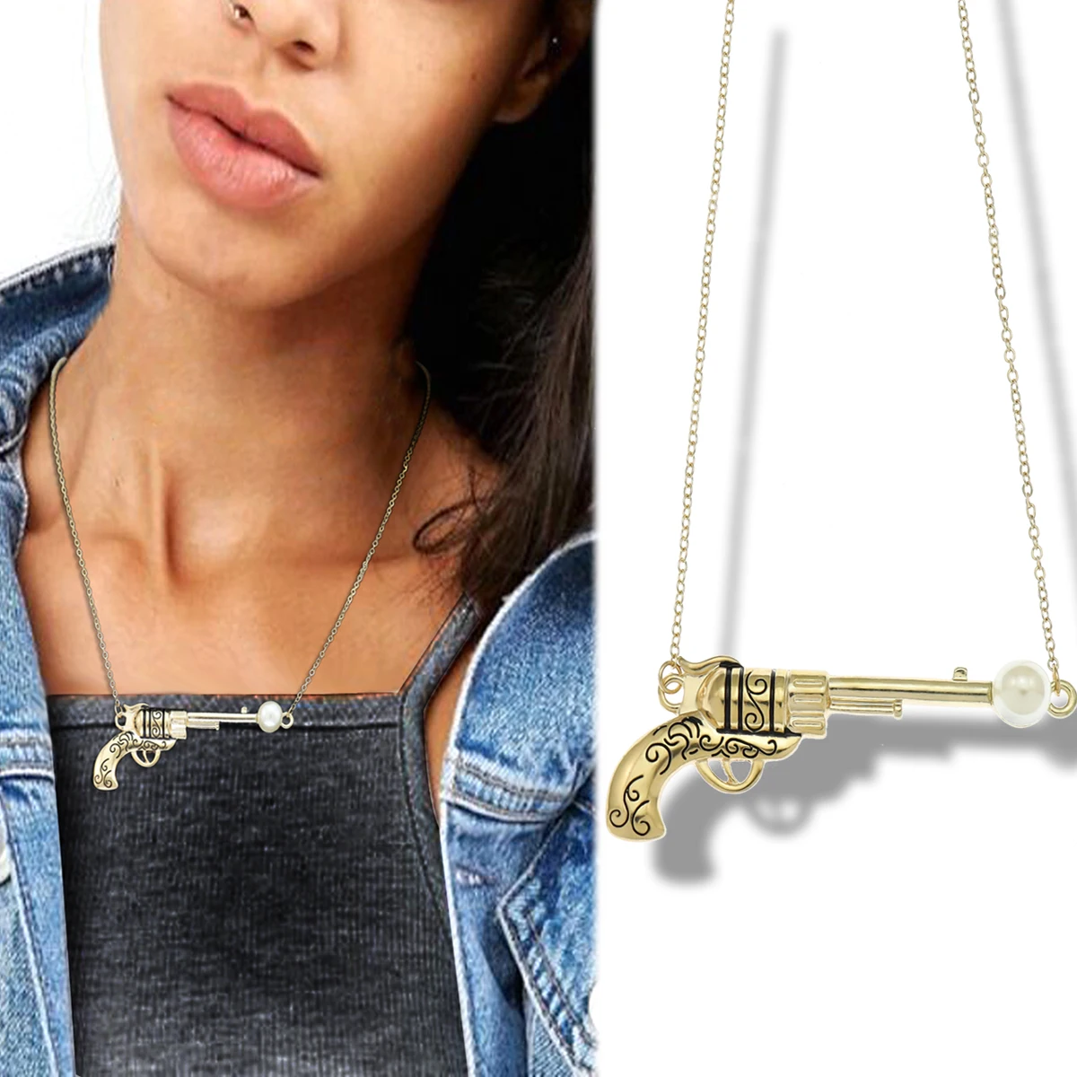 Western Gun Pistol Revolver Pearl Pendant Chain Necklace Etched Scroll Costume Southwestern Boho Women Cosplay Costume Gift
Western Gun Pistol Revolver Pearl Pendant Chain Necklace Etched Scroll Costume Southwestern Boho Women Cosplay Costume Gift
