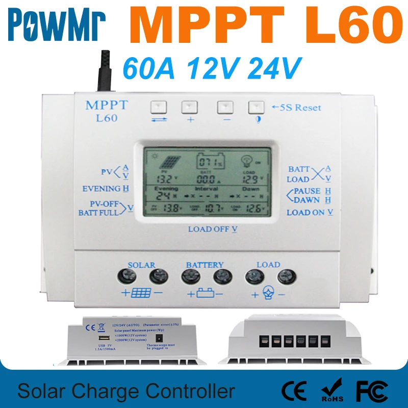 MPPT 60A контроллер солнечного заряда LCD 12В 24В авто с USB 5В 1500ма солнечный регулятор
