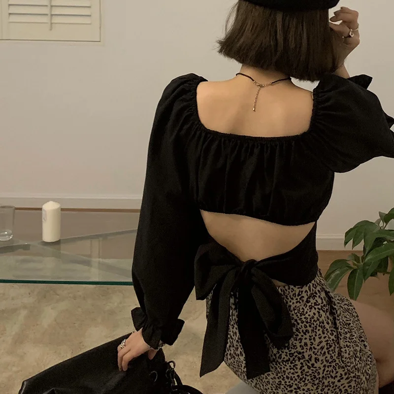 2021 Spring Sexy Y2k Crop Top Fashion Korean Solid Color Backless Long-sleeved Bow T-shirt Casual High Street Clothes for Women
2021 Spring Sexy Y2k Crop Top Fashion Korean Solid Color Backless Long-sleeved Bow T-shirt Casual High Street Clothes for Women