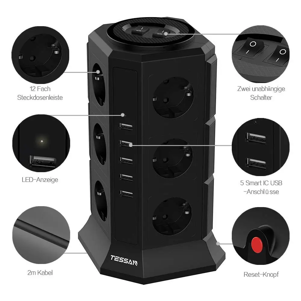Удлинитель TESSAN вертикальный на 12 розеток с выключателем питания 5 USB-портов |