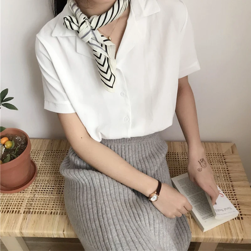 Женская блузка с коротким рукавом Повседневная офисная белая рубашка V-образным