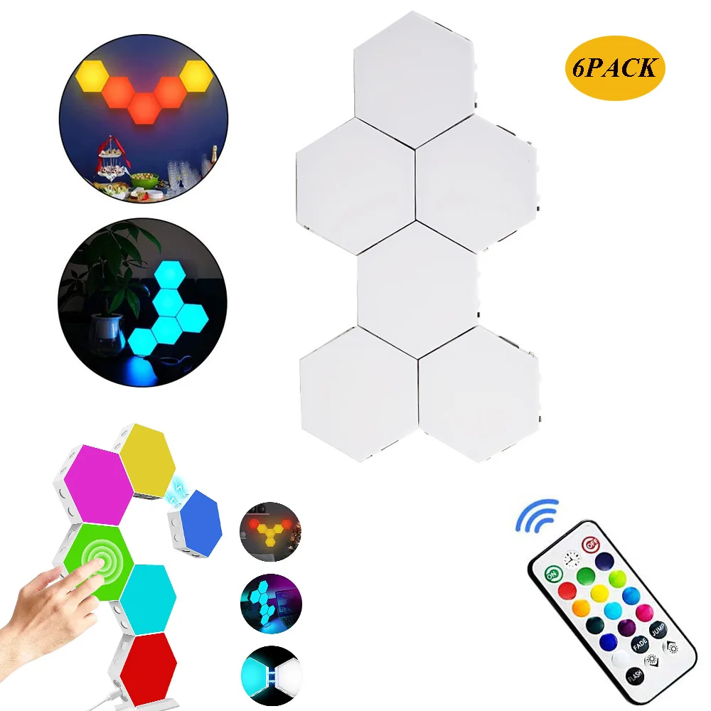 

6 Pack Splicing RGB Hexagon Lights with Remote Control,Smart LED Wall Light Panels Touch-Sensitive RGB Gaming Night Lights Mood