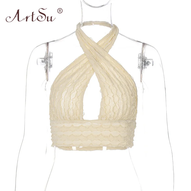Арцу Chic Ruched сексуальный крест-накрест с лямкой на шее укороченный Топ для женщин