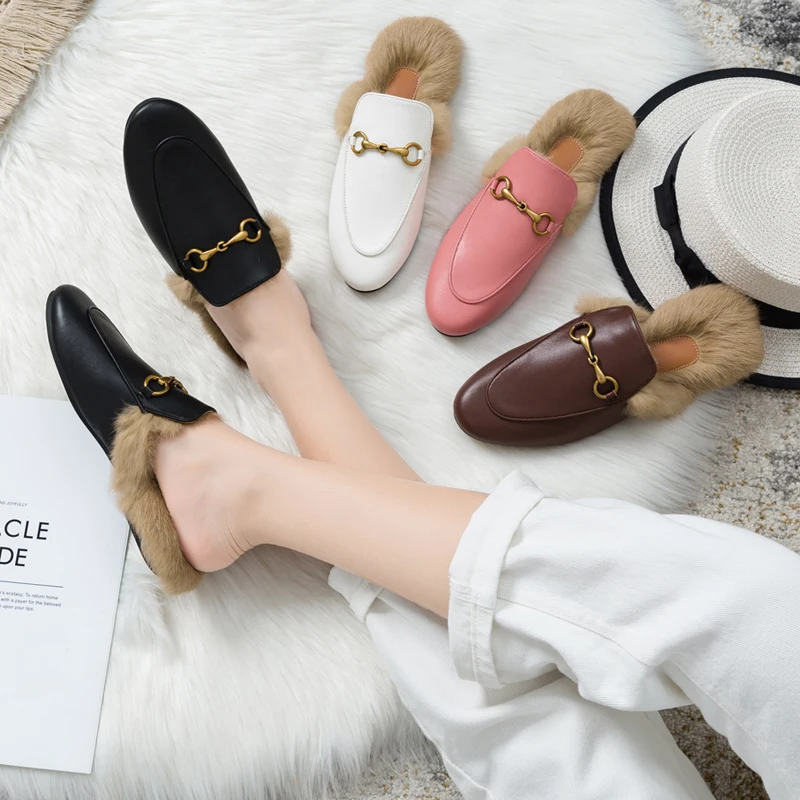 Fluffy Slippers Women's Fall and Winter Outer Wear 2020 New Muller Shoes Lazy Shoes Flat Rabbit Fur Closed Toe Half Slippers