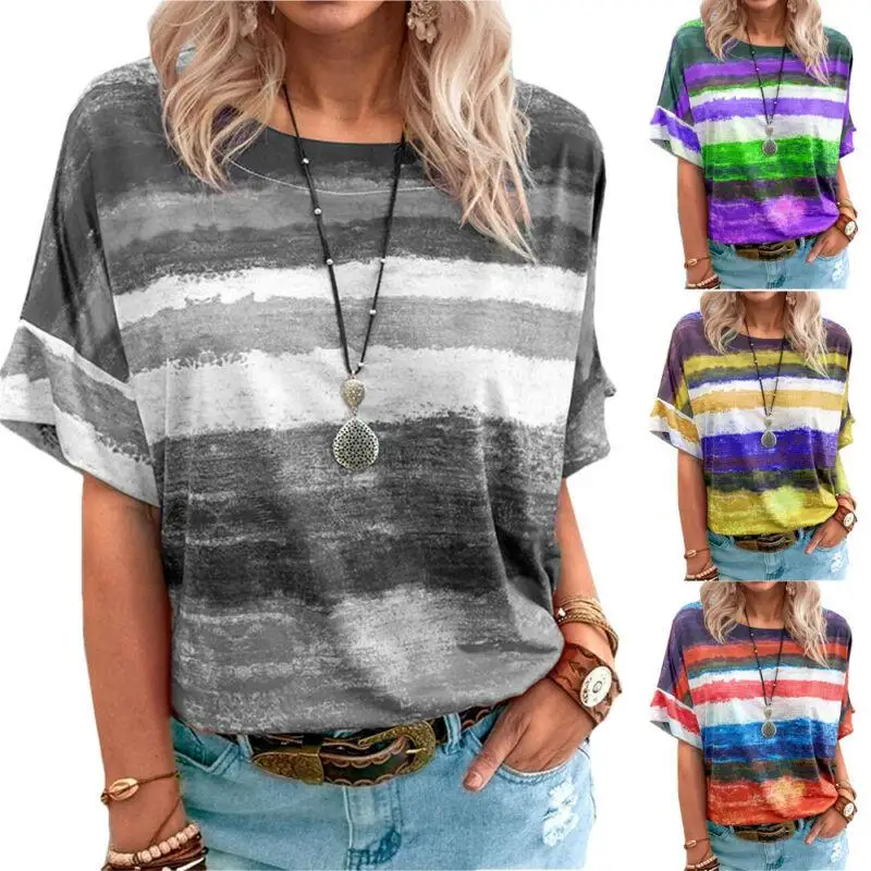 Gradient Color Ladies Striped Printed Short Sleeve T Shirt Summer Female Plus Size Pullover Tees
Gradient Color Ladies Striped Printed Short Sleeve T Shirt Summer Female Plus Size Pullover Tees