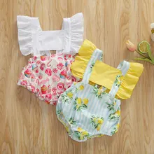 Toddler Newborn Baby Girl Rompers Summer Clothes Candy Lemon Print Square Neck Ruffle Sleeve Jumpsuit Playsuit Sunsuit Outfits