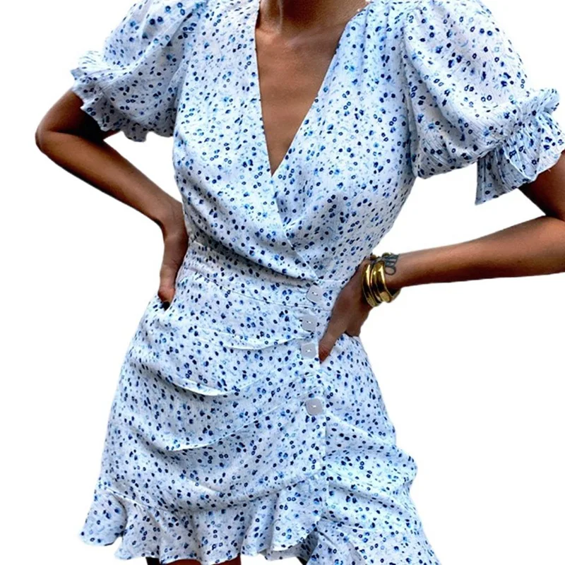 Blue Dot Print Ruffle Casual Women Dress Puff Sleeve V Neck Sexy Ruffle High Waist Female Dresses Button Patchwokr Summer Dress
Blue Dot Print Ruffle Casual Women Dress Puff Sleeve V Neck Sexy Ruffle High Waist Female Dresses Button Patchwokr Summer Dress