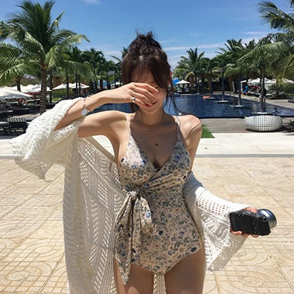 Korean Retro Bikini Cute Push Up Swimsuit Women Fashion Sexy Gathering Triangle Vacation One-piece Girl Swim Suit Beach Cover | Спорт и