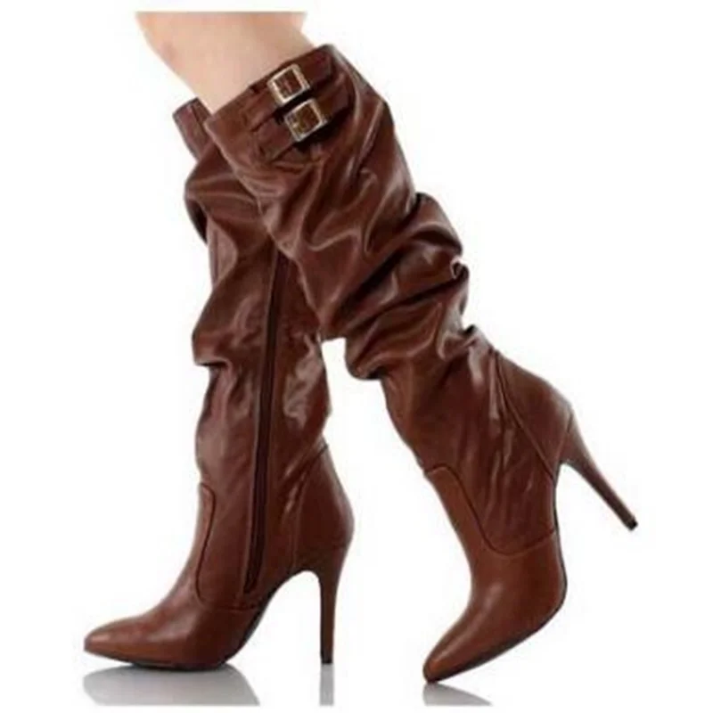 Hot Selling Black Brown Leather Buckle Boots Pointed Toe High Heels Knee High Boots Zipper Party Dress Shoes Big Size 43
Hot Selling Black Brown Leather Buckle Boots Pointed Toe High Heels Knee High Boots Zipper Party Dress Shoes Big Size 43