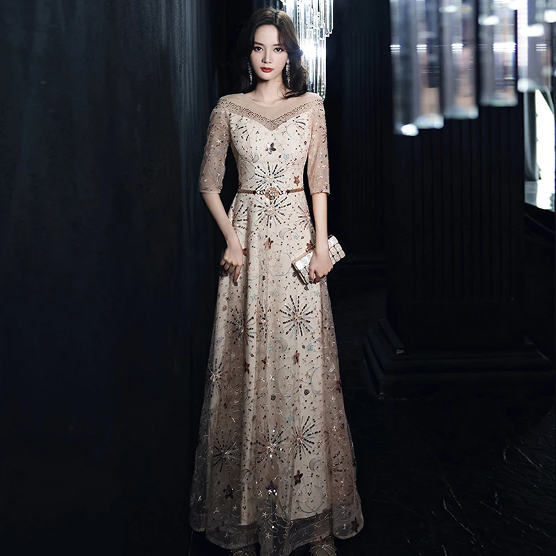 Sequins Evening Dress Empire Half Sleeve Zipper Back Floor-Length Appliques O-Neck Fashion A-Line Woman Formal Party Gowns A1129
Sequins Evening Dress Empire Half Sleeve Zipper Back Floor-Length Appliques O-Neck Fashion A-Line Woman Formal Party Gowns A1129