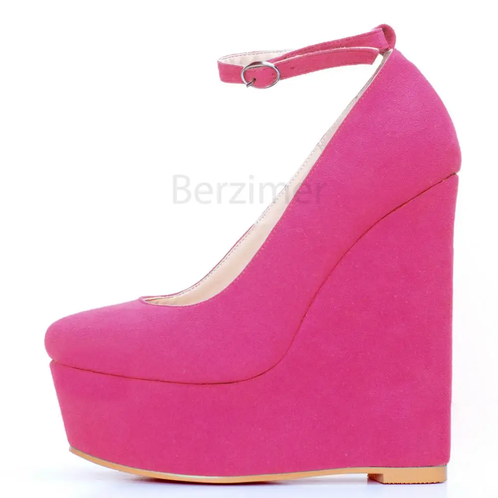 

BERZIMER FASHION Women Heels Platform Wedge Ankle Strap Height Increasing Pumps Faux Suede Zapatos Shoes Woman Size 38 44 50 52
