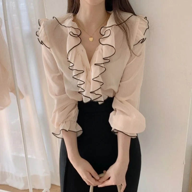 V-Neck Color-Hit Ruffles Basic Shirts Women Sweet Vintage Brief Blouses Fashion Blusas Crop Top Chemise Femme Camisas Ropa Mujer
V-Neck Color-Hit Ruffles Basic Shirts Women Sweet Vintage Brief Blouses Fashion Blusas Crop Top Chemise Femme Camisas Ropa Mujer
