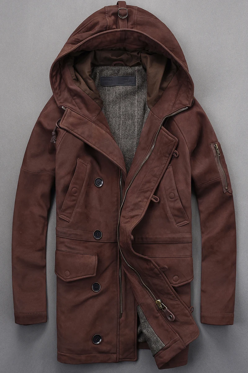 2021 Vintage hooded genuine brown Scrub sheepskin leather jacket men casual Medium long coat windbreaker male
2021 Vintage hooded genuine brown Scrub sheepskin leather jacket men casual Medium long coat windbreaker male