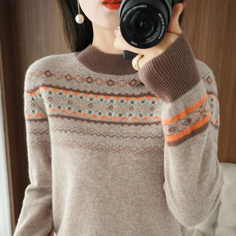Cashmere sweater women's long-sleeved retro jacquard O-neck women's casual wool knitted fashion autumn and winter loose pullover
Cashmere sweater women's long-sleeved retro jacquard O-neck women's casual wool knitted fashion autumn and winter loose pullover