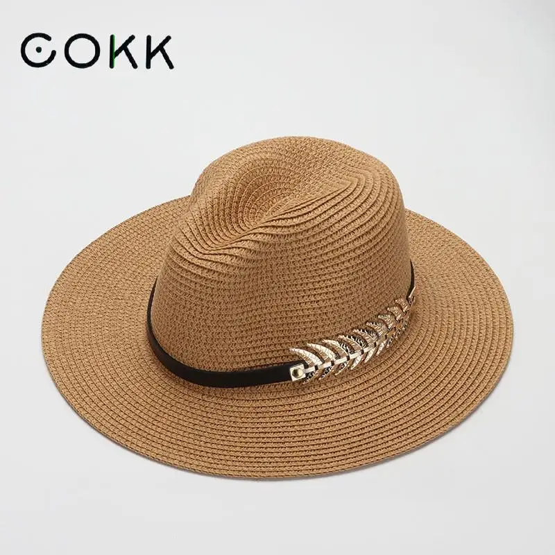 

COKK Summer Hats For Women Gold Leaf Chain Panama Cap Sun Hat Ladies Beach Travel Jazz Sunhat Sunshade Wide Brim Gorro Floppy